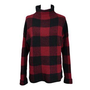 Tahari Turtleneck Sweater Buffalo Plaid Red black Chunky Knit Cabin Core